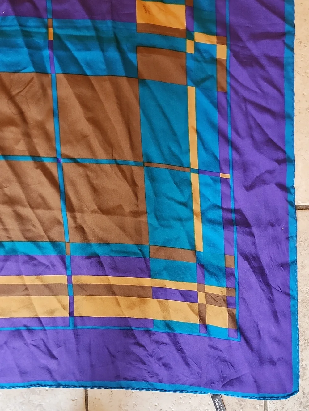 Vtg Made In Italy Blue, Purple & Gold Geometric Silk Scarf 30 X 30